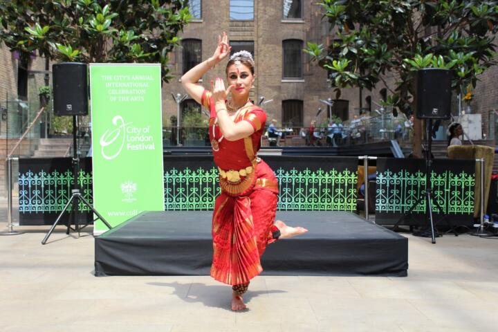 NAVODIT 2015 Helene Lesage performing Bharatanatyam at City of London Festival in Devonshire Square, credit Nina Head