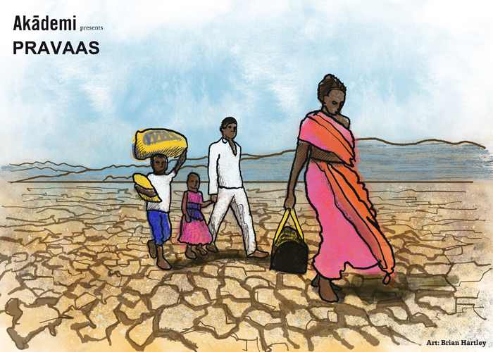 illustration of a family walking through barren land