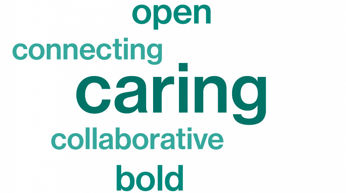 open, connecting, caring, collaborative, bold
